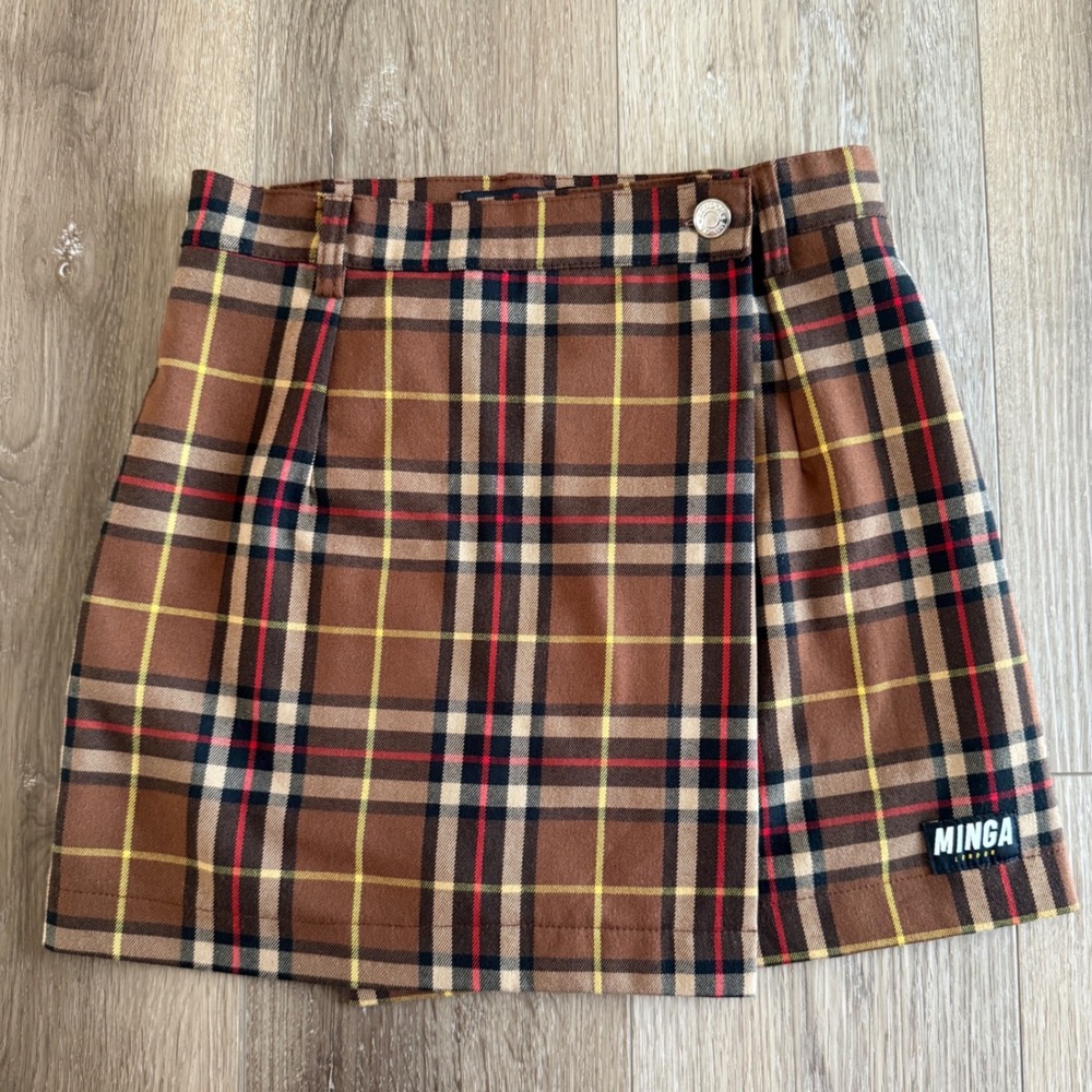 Minga London Brown Plaid Mini Wrap Skort Sz 26 / US 2 Y2K Grunge Preppy